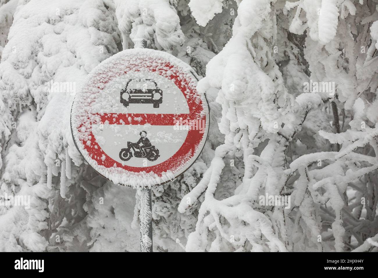Road sign no entry covered with snow and icicles. Winter snowy landscape and road sign Stock Photo