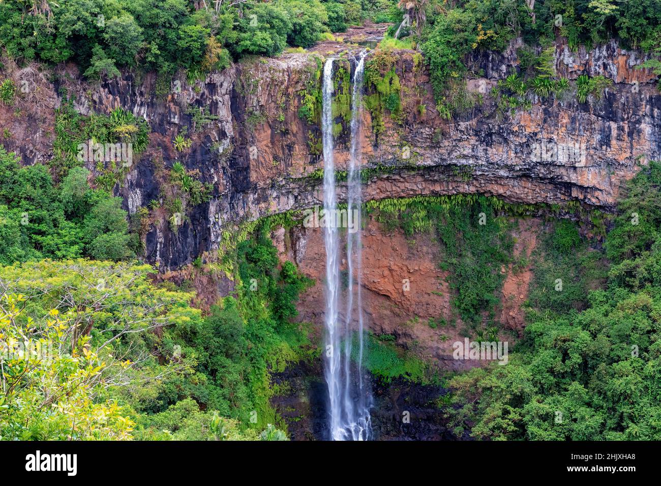 Chamarel Waterfalls in the jungle in tropical island of Mauritius. Stock Photo