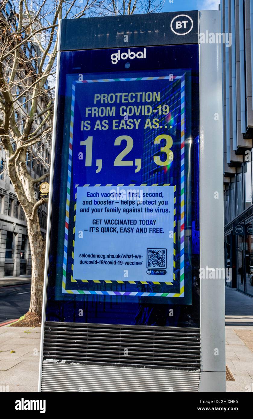 London England UK, 29 January 2022, Public Health Advertising Notice Covid-19 Vaccines And Vaccination Prevention Measures Stock Photo