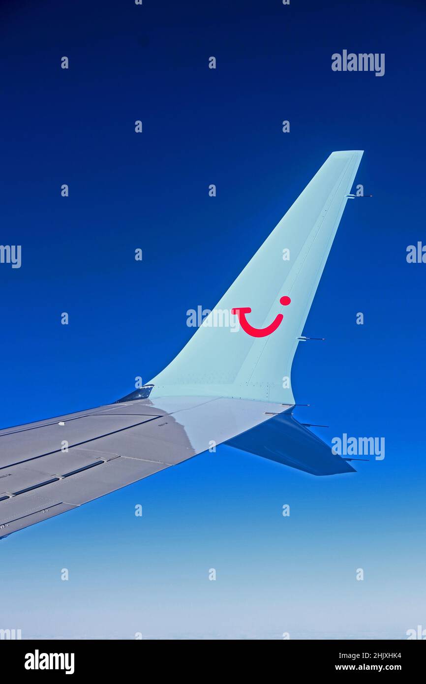 Wingtip of Tui Airlines Boeing737-800 aeroplane Stock Photo