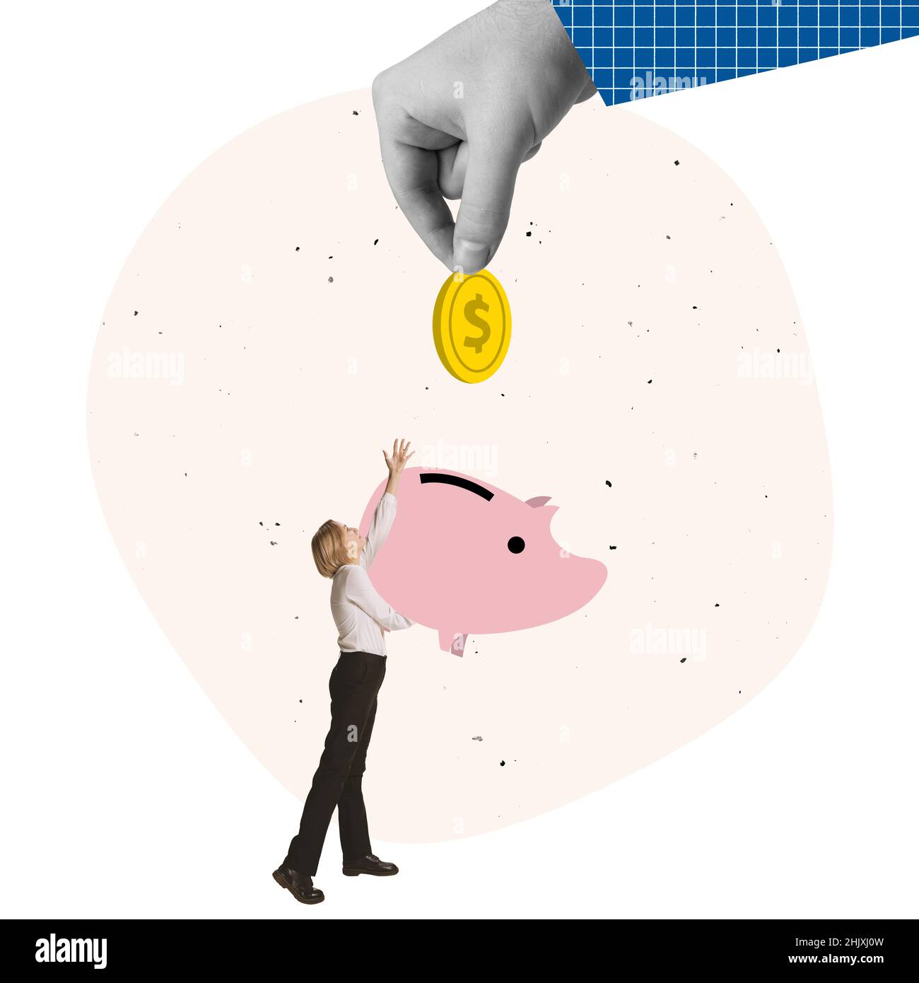 Creative design. Giat hand putting coin into a piggy bank symbolizing ...