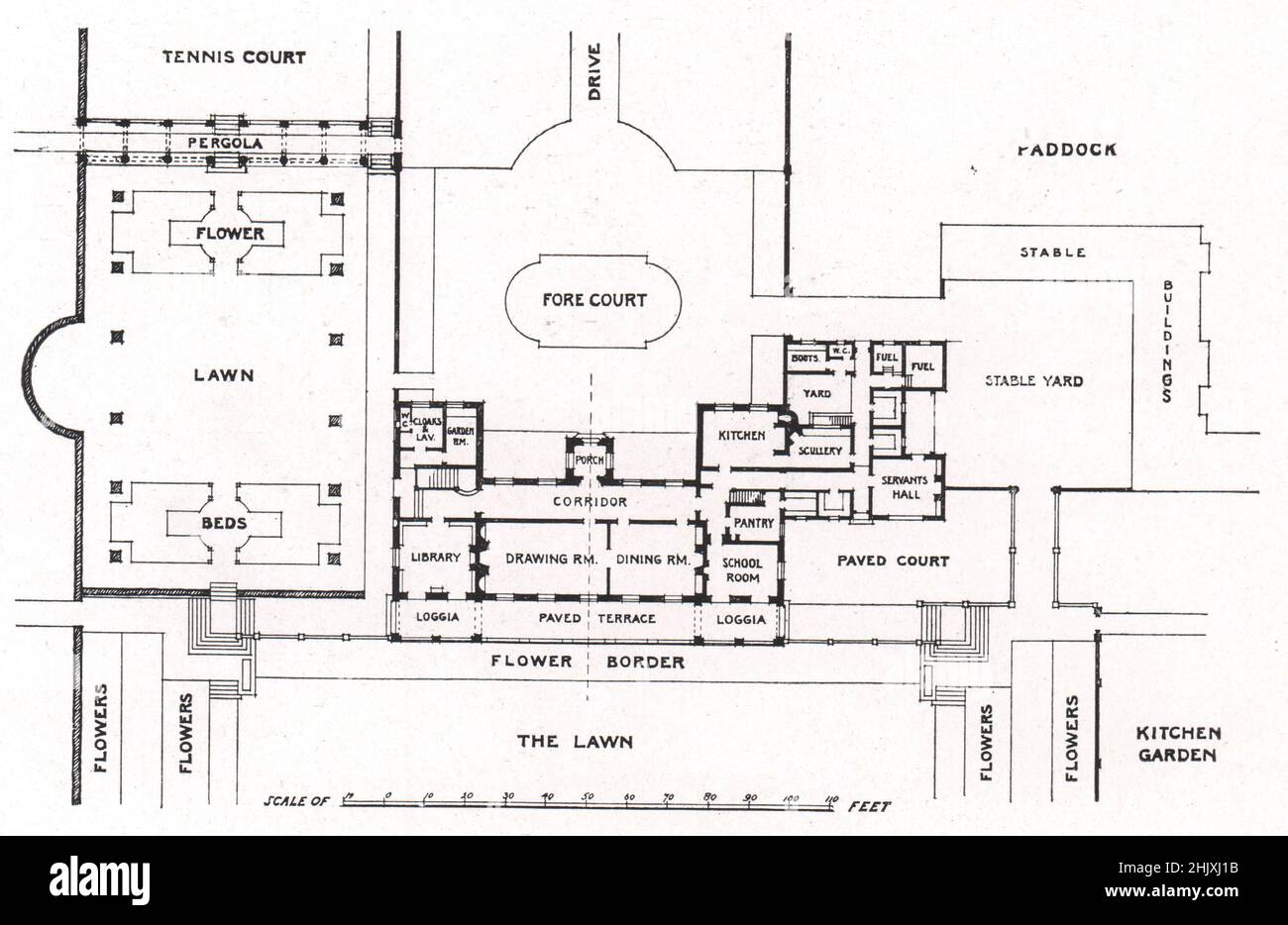 'Amersfort,' Berkhamsted : Ground-floor plan. Hertfordshire. Ernest Willmott, Architect (1908) Stock Photo