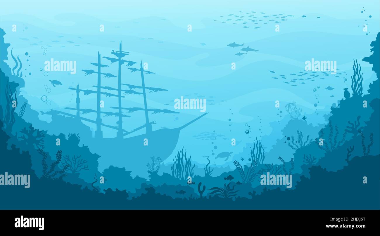 Underwater landscape with sunken sailing ship and divers. Seabed ...
