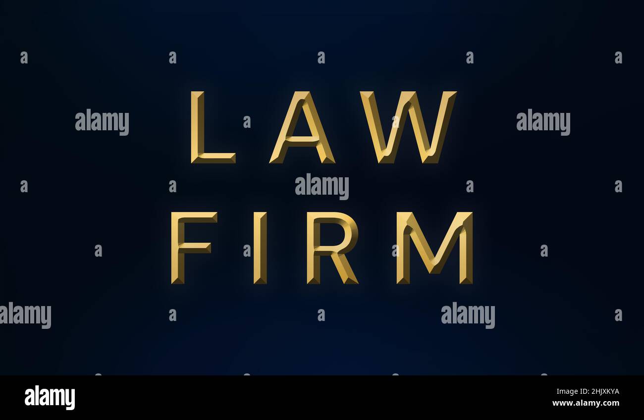 Digital render of a gold Law Firm sign on a black background Stock