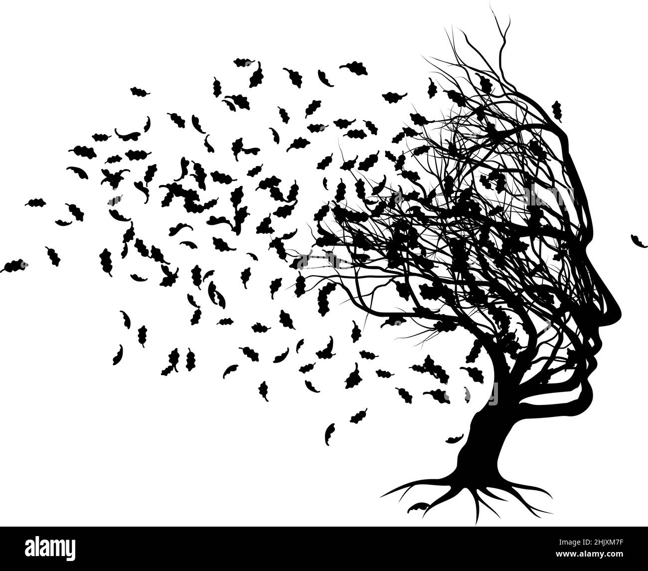 Optical Illusion Tree Face With Leaves Blowing Stock Vector