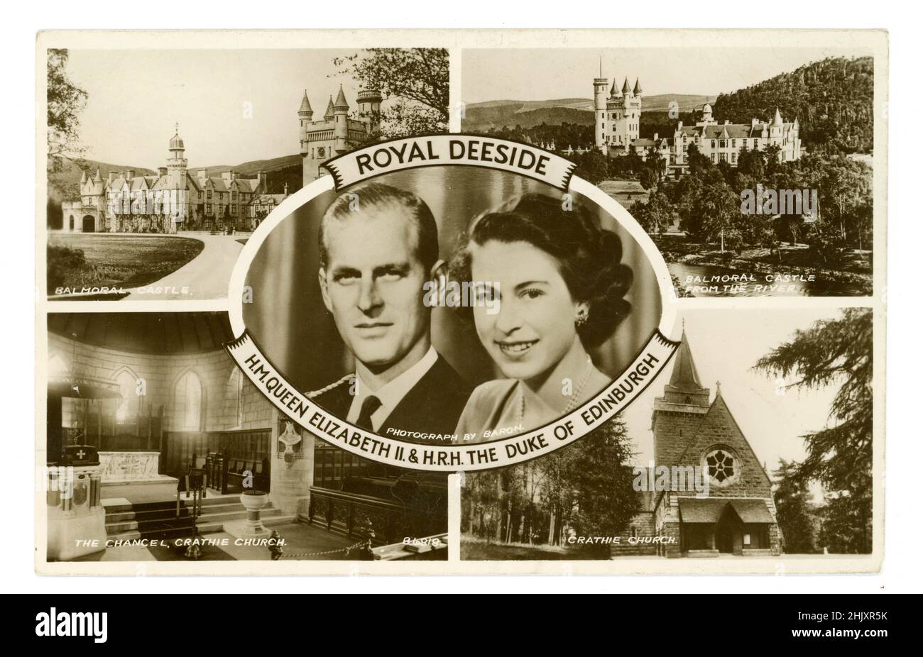 Original 1950's photo montage postcard of Queen Elizabeth 11 and HRH Duke of Edinburgh, Royal Deeside, plus royal residence Balmoral Castle, Crathie Church (place of worship of the British royal family when they are in residence at the nearby Balmoral Castle.) Scotland, U.K. Circa 1953 Stock Photo