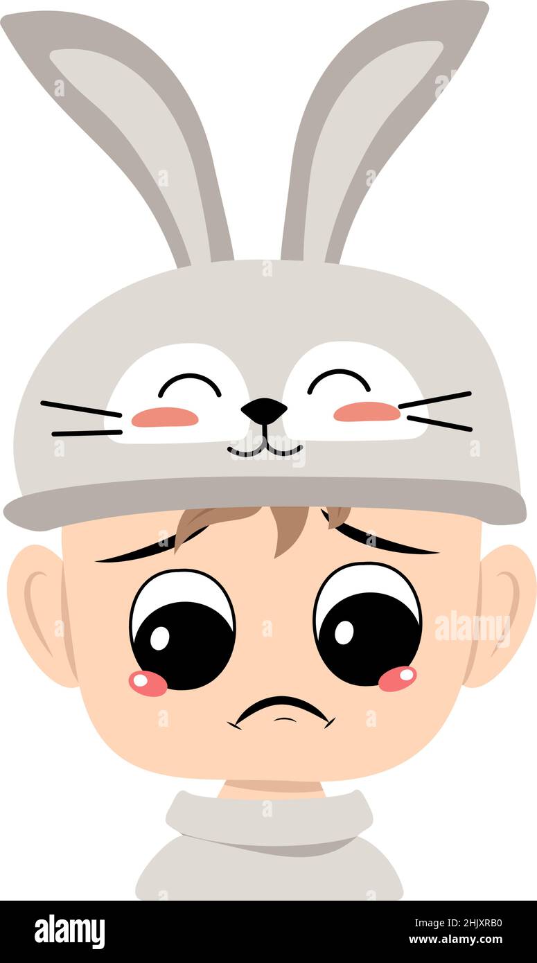 Boy with big eyes and sad emotions, depressed face, down eyes in rabbit ...