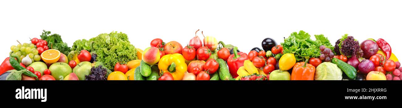 Wide panorama multi-colored fresh fruits and vegetables isolated on white background Stock Photo