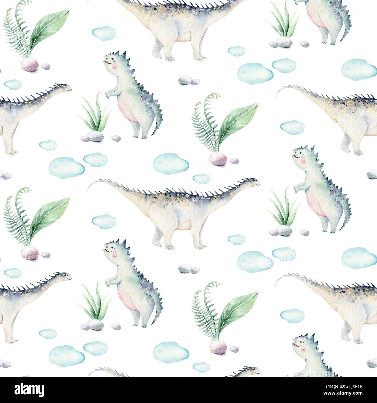 Cute cartoon baby dinosaurs collection watercolor illustration, hand painted dino isolated on a white background for nursery poster decoration. Rex ch Stock Photo