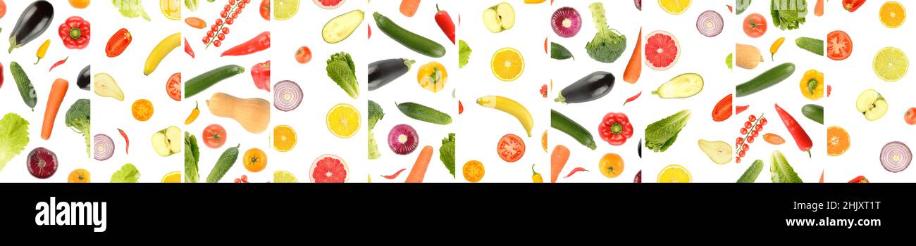 Panoramic skinali from whole and cut vegetables and fruits separated by vertical lines isolated on white background. Stock Photo