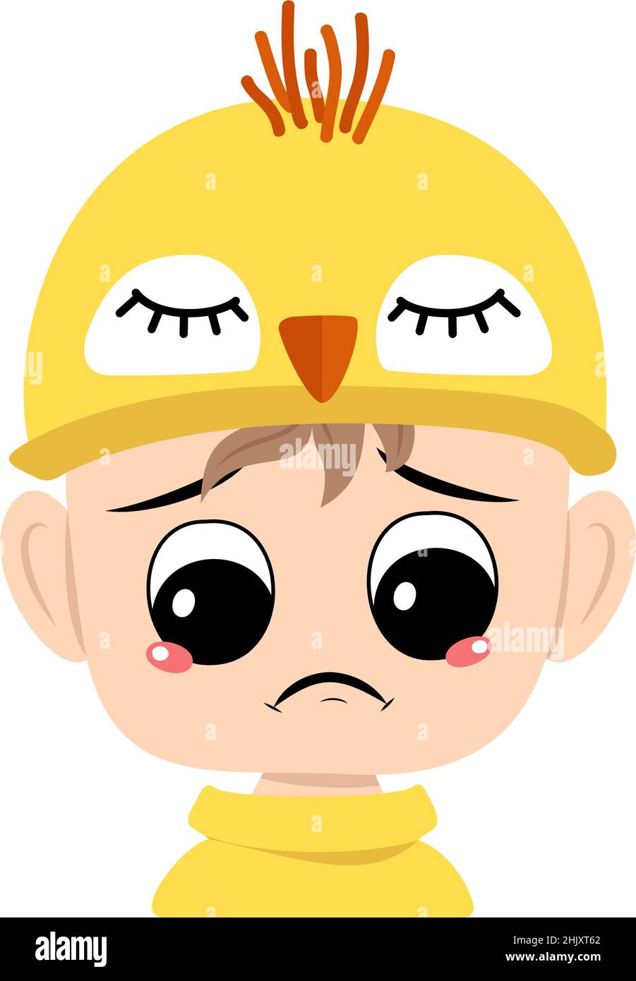 Avatar of boy with big eyes and sad emotions, depressed face, down eyes in yellow chicken hat. Child with melancholy expression for Easter, New Year or costume for party. Vector flat illustration Stock Vector