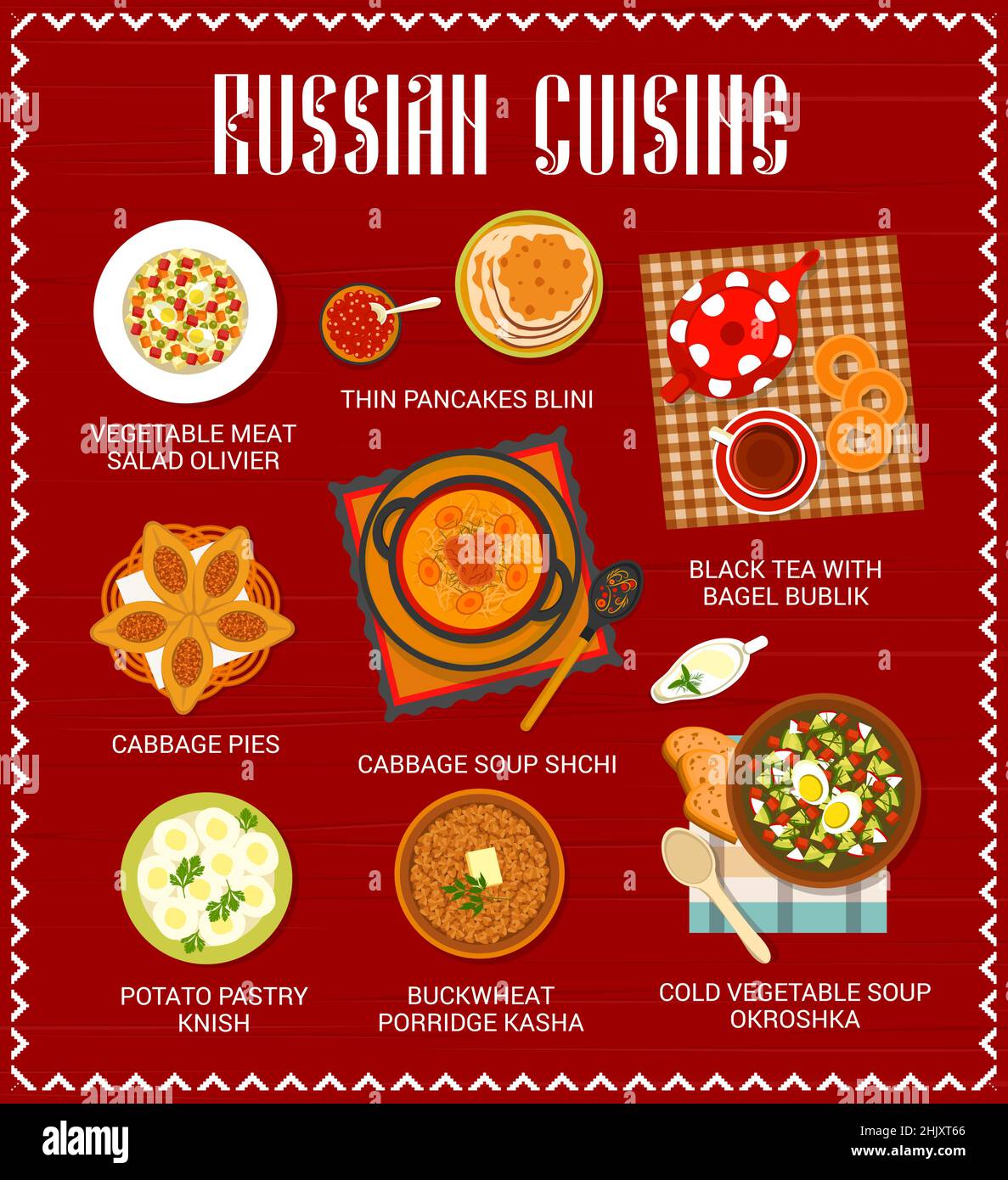 Russian cuisine menu, food dishes and lunch or dinner meals, vector