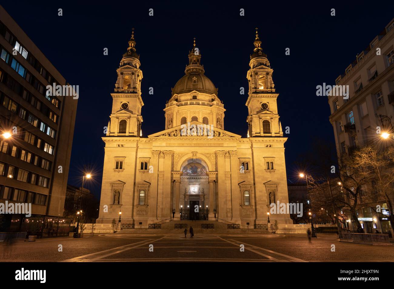 Saint Stephen (Szent Istvan) basilica church illuminated during night in Budapest Hungary Europe Stock Photo