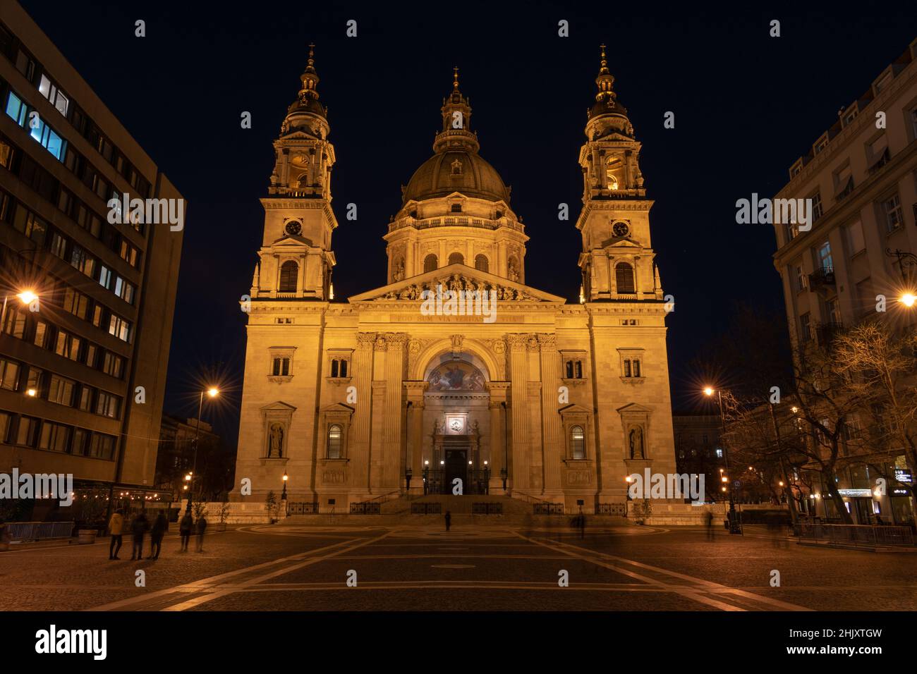 Saint Stephen (Szent Istvan) basilica church illuminated during night in Budapest Hungary Europe Stock Photo