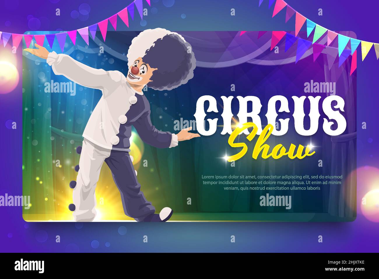 Shapito circus cartoon smiling clown performer on stage. Vector flyer ...