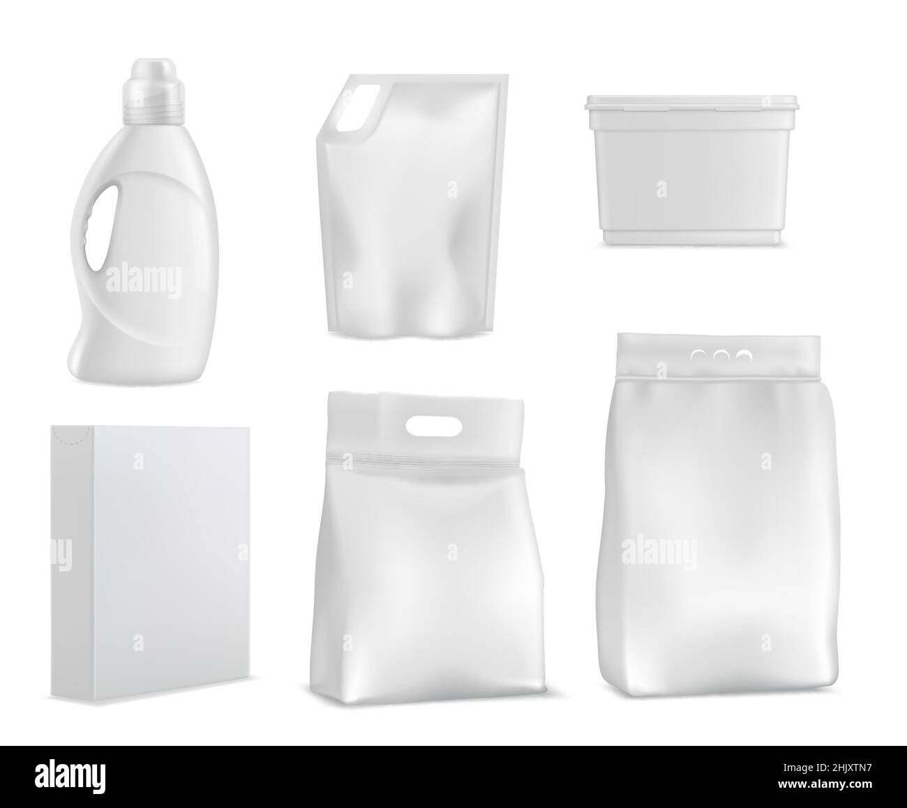 Washing powder packs and bags, laundry detergent package mockup. Vector