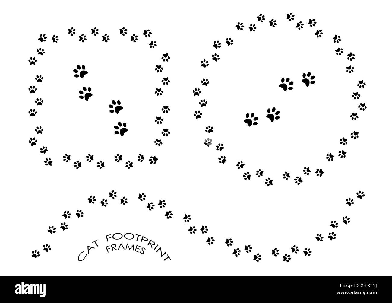 pads of cat paws frames. Animal paw prints on ground. Simple black and white vector isolated on white background Stock Vector