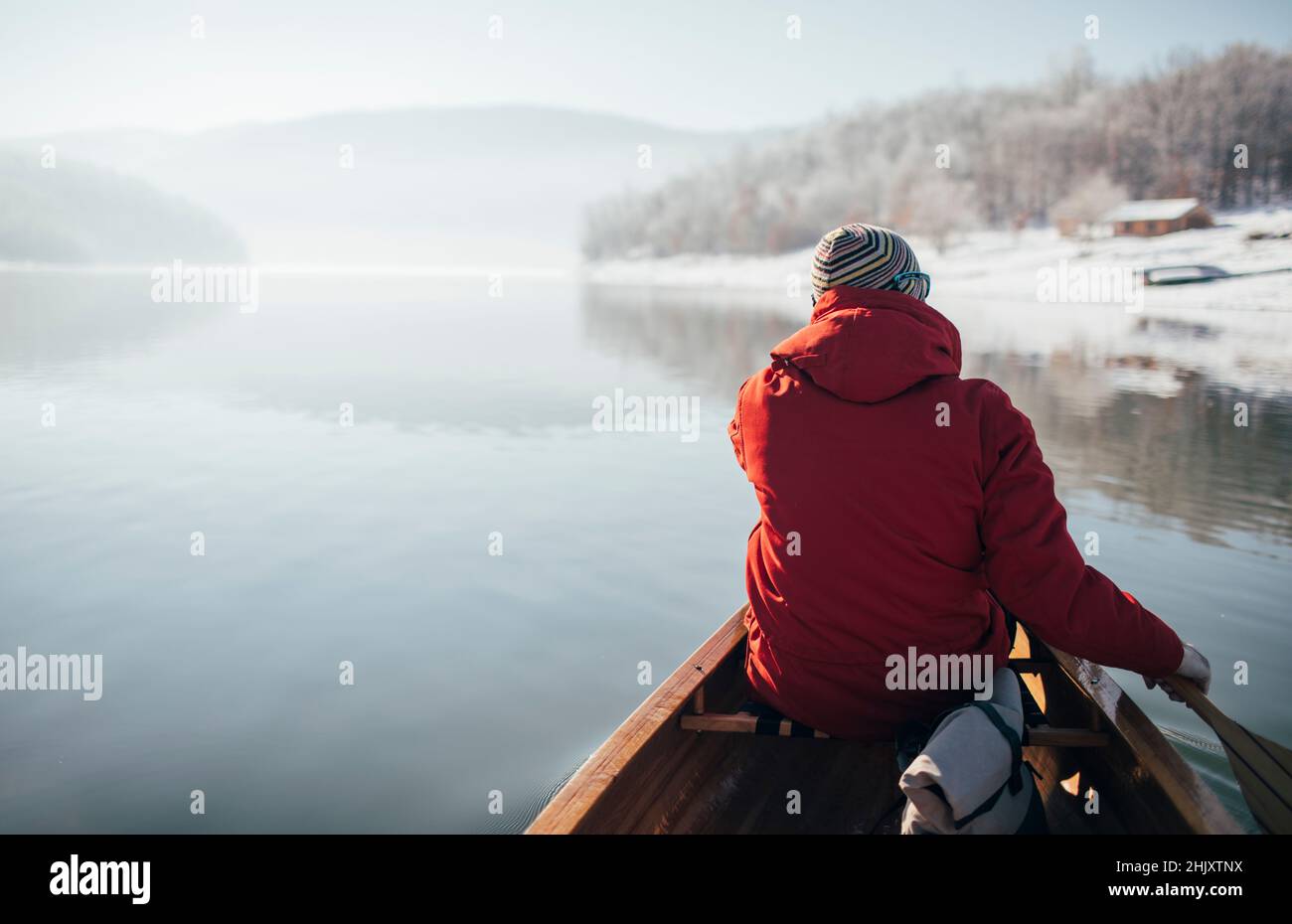 Winter canoe ride, copy space Stock Photo Alamy