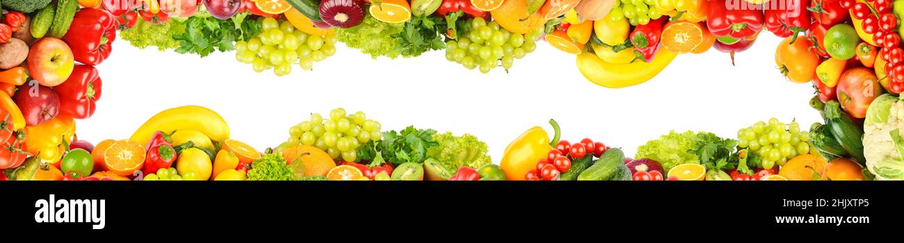 Wide panoramic composition healthy vegetables and fruits isolated on white background. Stock Photo