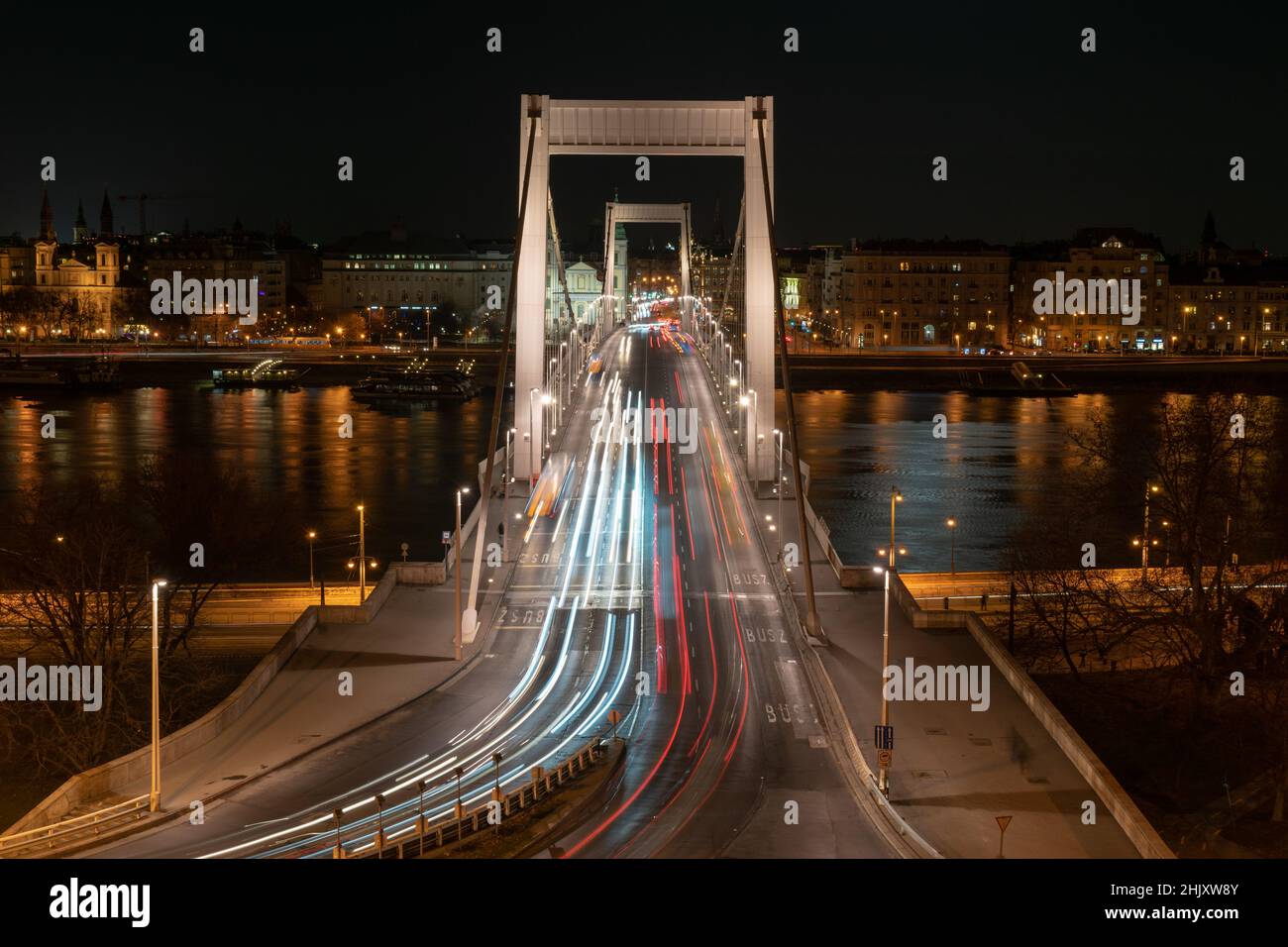 White and red light trails of cars on Elisabeth bridge over Danube at night Budapest Hungary Europe Stock Photo