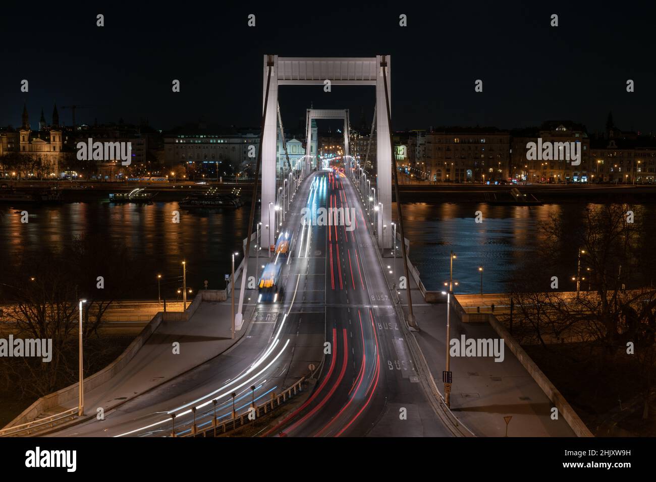 White and red light trails of cars on Elisabeth bridge over Danube at night Budapest Hungary Europe Stock Photo