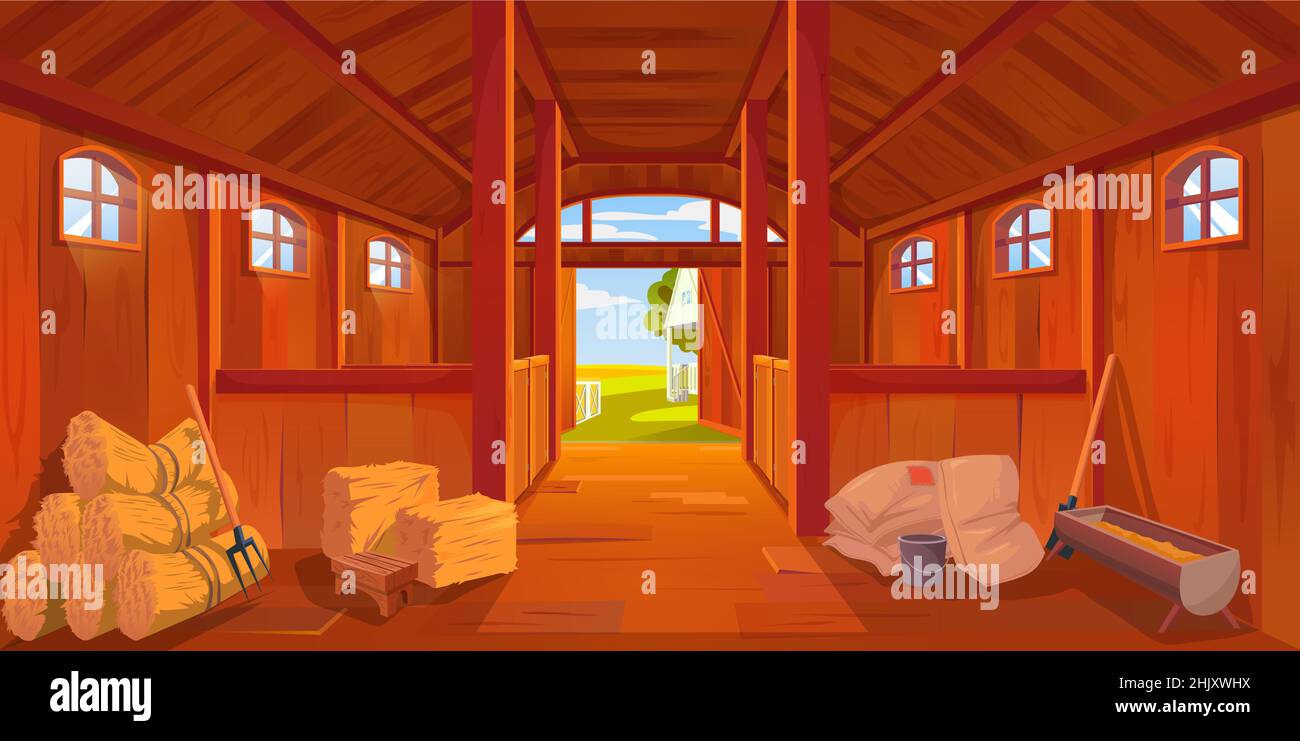 Cartoon farm stable or barn interior, vector haystack and hayloft. Barn  interior of ranch or farmhouse with wooden walls, horse stalls, hay or  straw Stock Vector Image & Art - Alamy