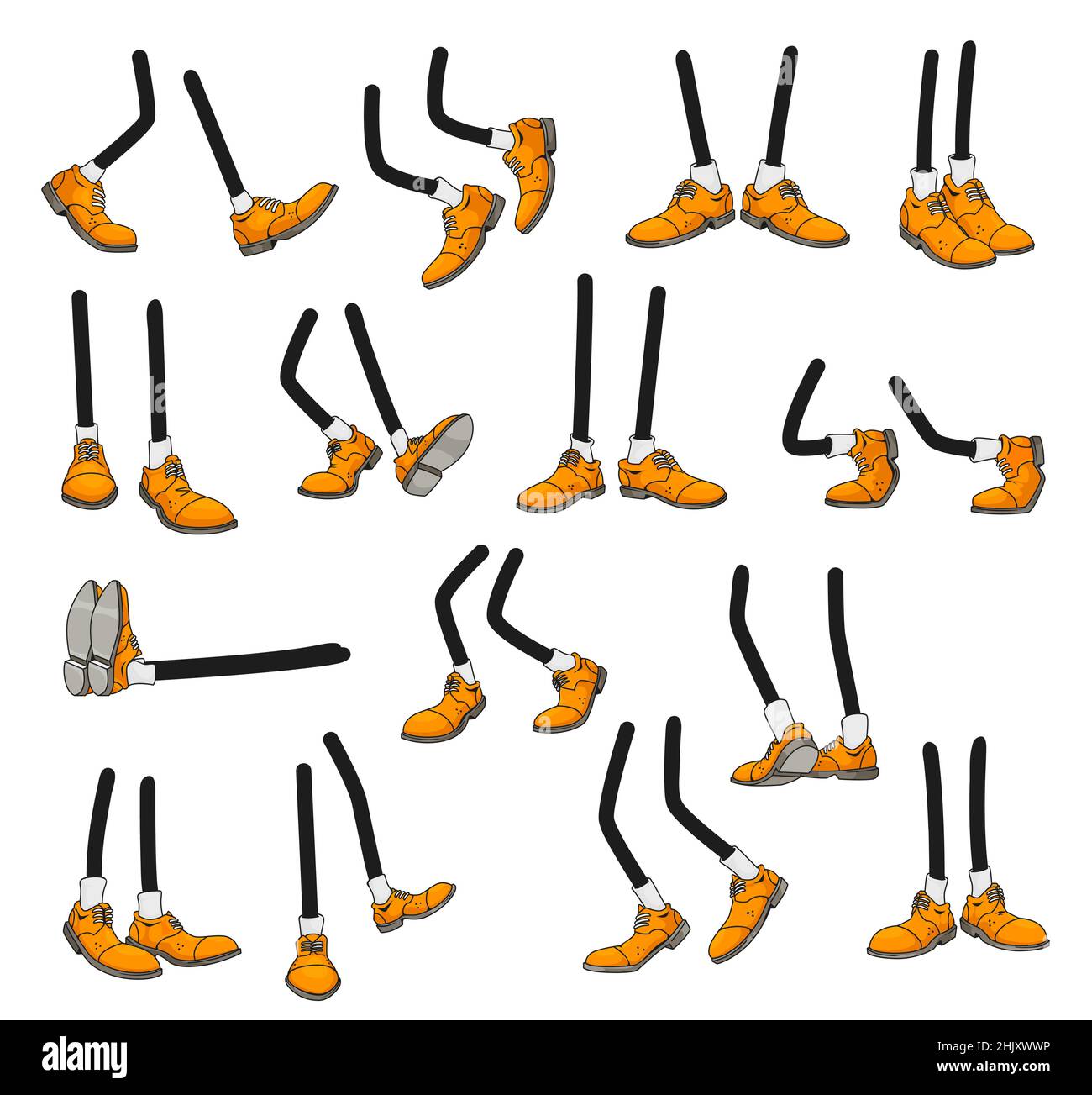 Cartoon legs, isolated comic feet in laced yellow shoes. Vector stick foot walk, stand and jump, run, lying, dance and go. Body parts front, side, rea Stock Vector