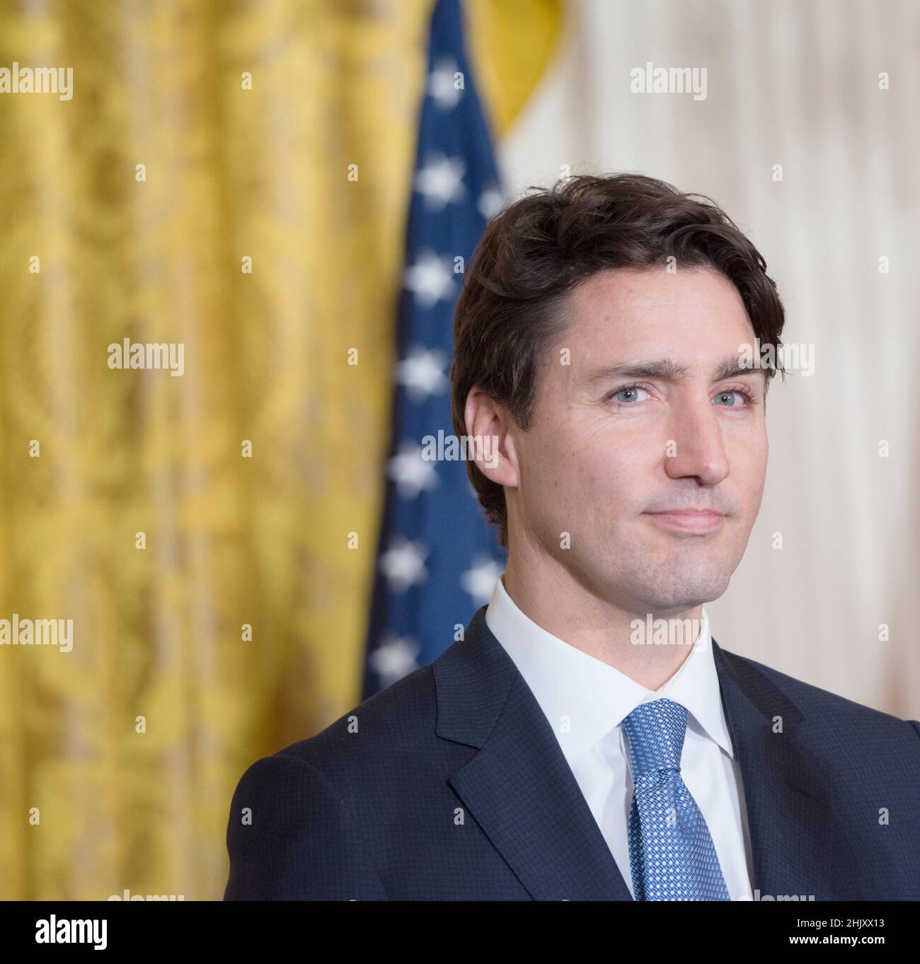 **FILE PHOTO** Canadian Prime Minister Justin Trudeau Tests Positive for Covid-19. February 13, 2017, Washington DC, USA: Prime Minister Justin Trudeau and President Donald J Trump hold a joint press conference in the East Room of the White House in Washington DC. Patsy Lynch/MediaPunch Stock Photo