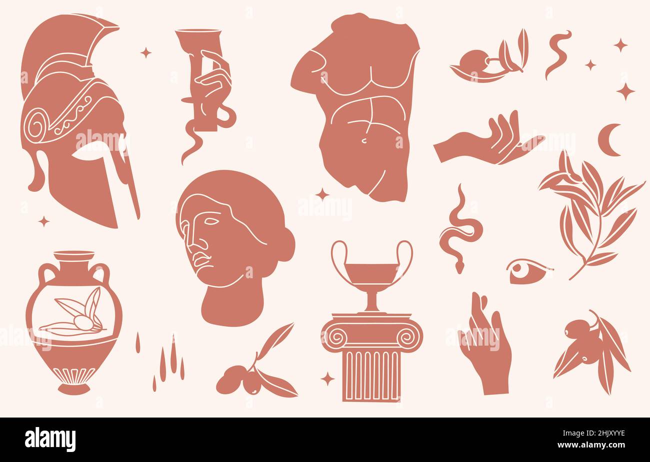 Vector illustration of bundle antique signs and symbols - statues, olive branch, amphora, column, helmet. Ancient greek or roman style elements Stock Vector