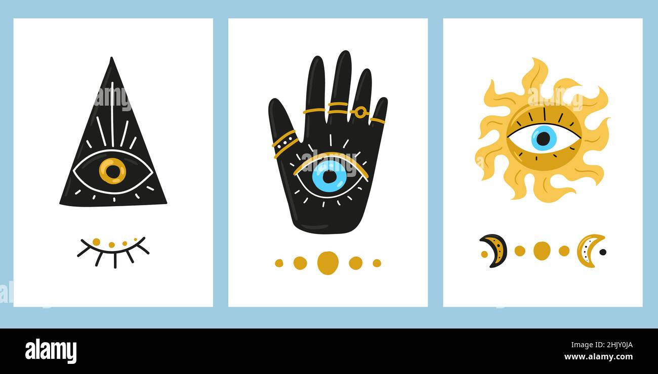 Talismans, amulets - a set of posters. Protection from the evil eye, mystical symbols, esotericism. Hamsa, Hand of Fatima, Eye of Providence. Vector illustrations isolated on white Stock Vector