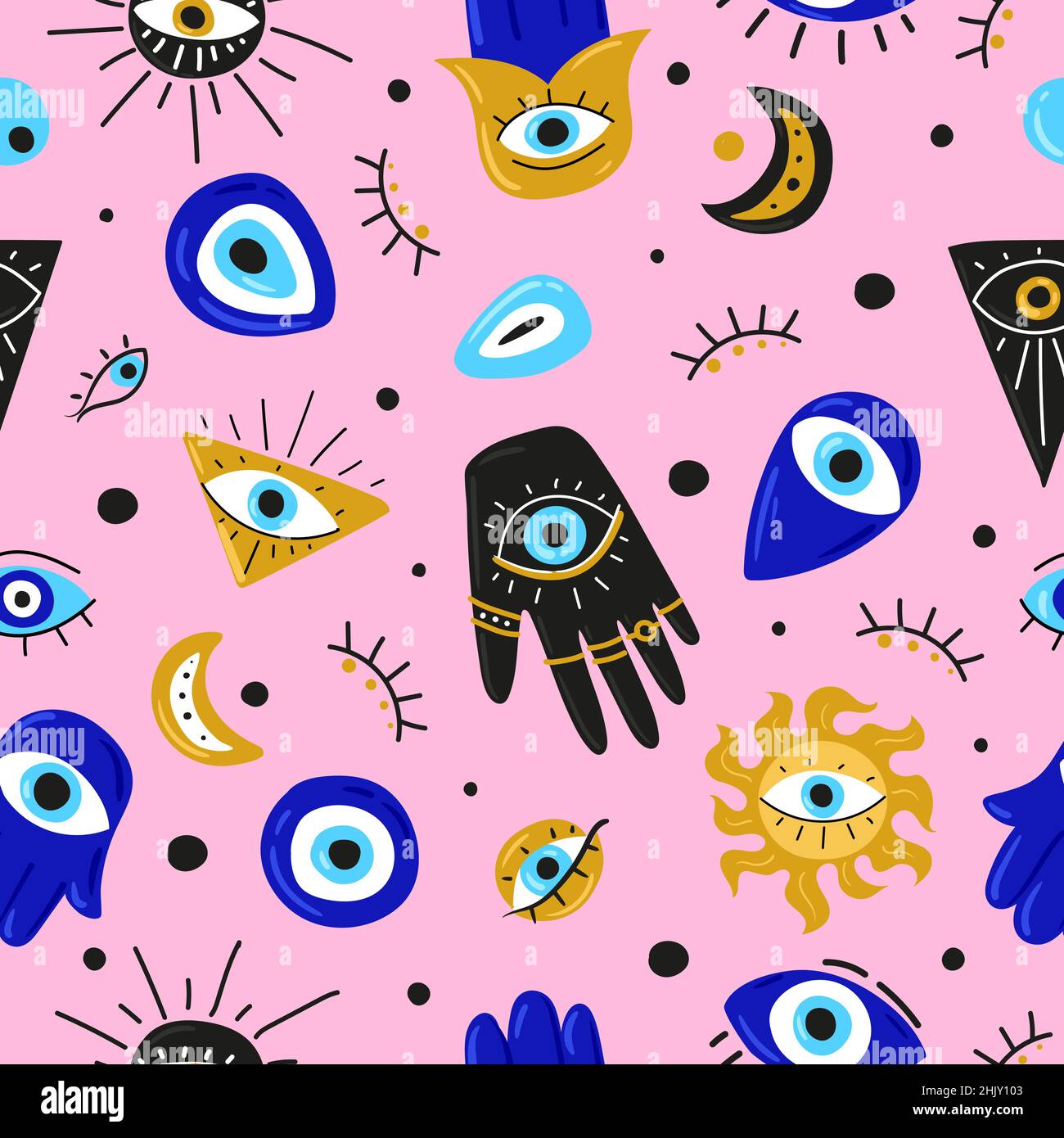 Seamless pattern with Cartoon Evil eyes. Blue Evil eye, Hamsa, Hand of Fatima, Eye of Providence. Vector illustrations of amulets for print, fabric, wallpaper, clothing, wrapping paper Stock Vector