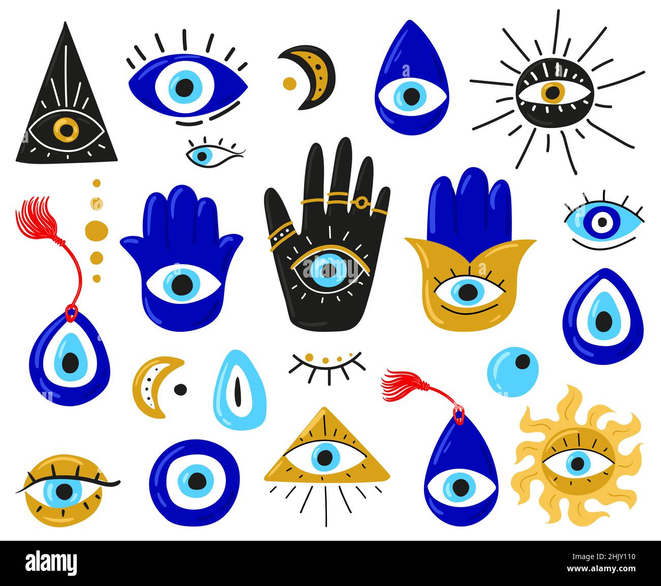 Evil eyes. Set of hand drawn different mascots. Evil eye, Hamsa, Hand of Fatima, Eye of Providence. Vector illustrations of amulets in blue. Freehand drawing style. Isolated on white Stock Vector