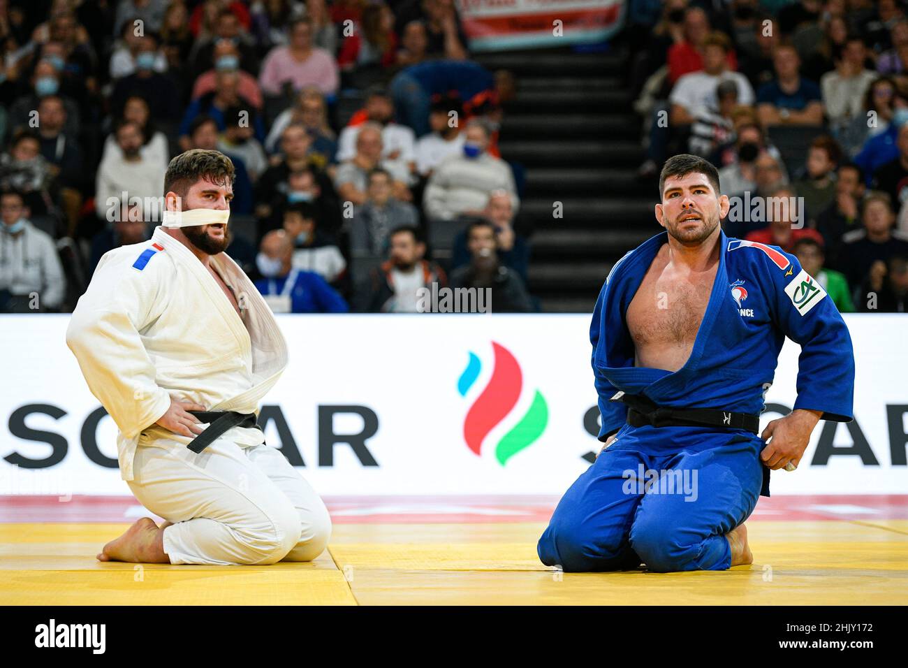 Men +100 kg, Joseph TERHEC (white) bronze medal of France and Cyrille MARET of France (blue) Silver medal during the Paris Grand Slam 2021, Judo event Stock Photo