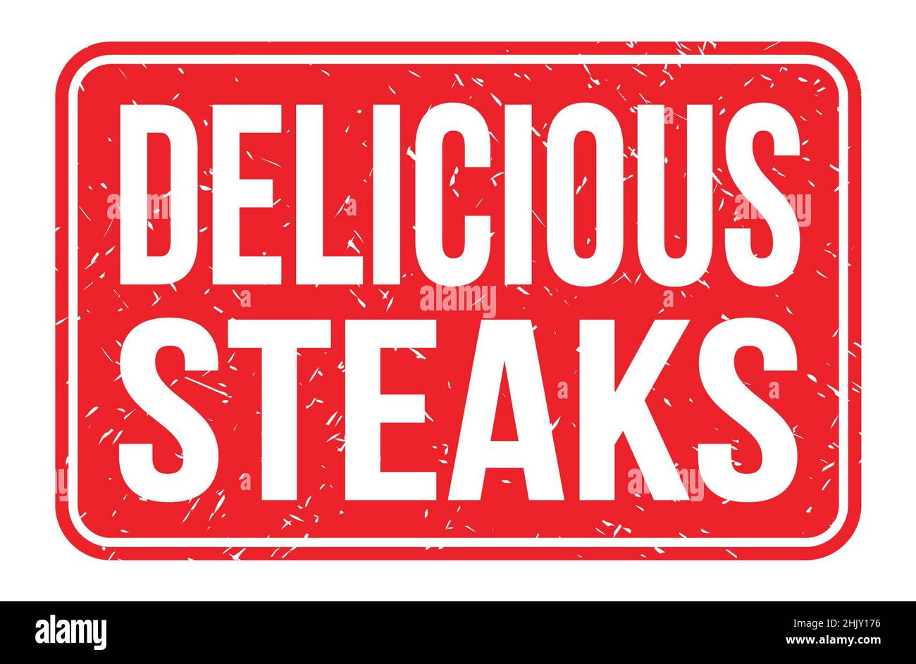 DELICIOUS STEAKS, words written on red rectangle stamp sign Stock Photo Alamy