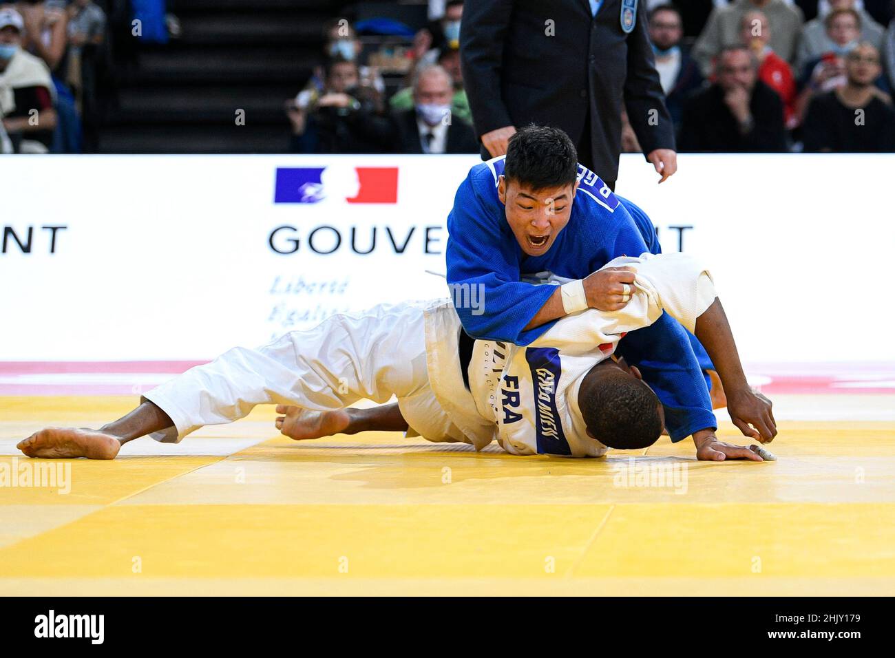 Men -81 kg, Bolor-Ochir GERELTUYA bronze medal of Mongolia and wins by ippon over Tizie GNAMIEN of France during the Paris Grand Slam 2021, Judo event Stock Photo