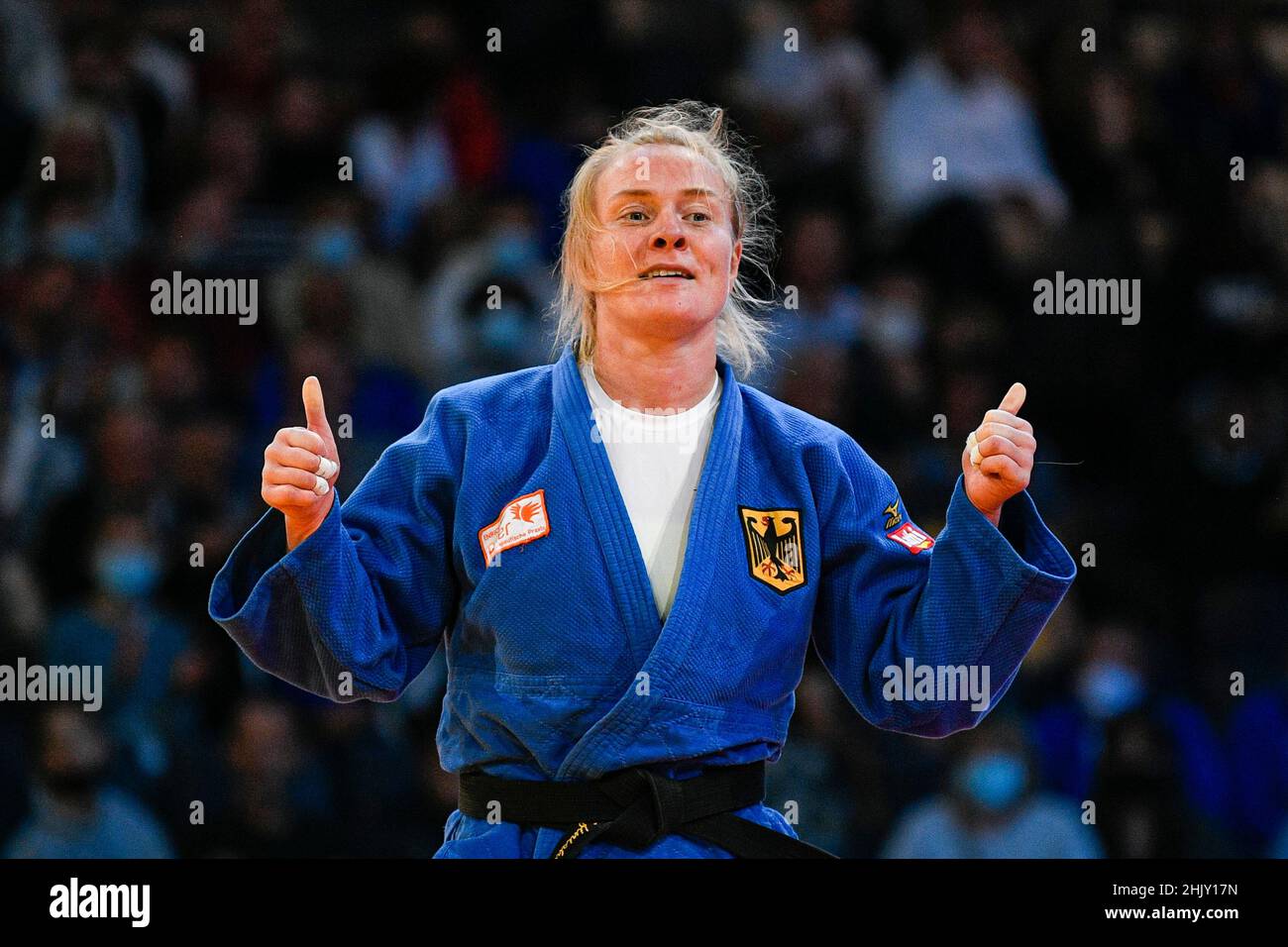 Women -78 kg, Luise MALZAHN of Germany bronze medal celebrates during the Paris Grand Slam 2021, Judo event on October 17, 2021 at AccorHotels Arena i Stock Photo