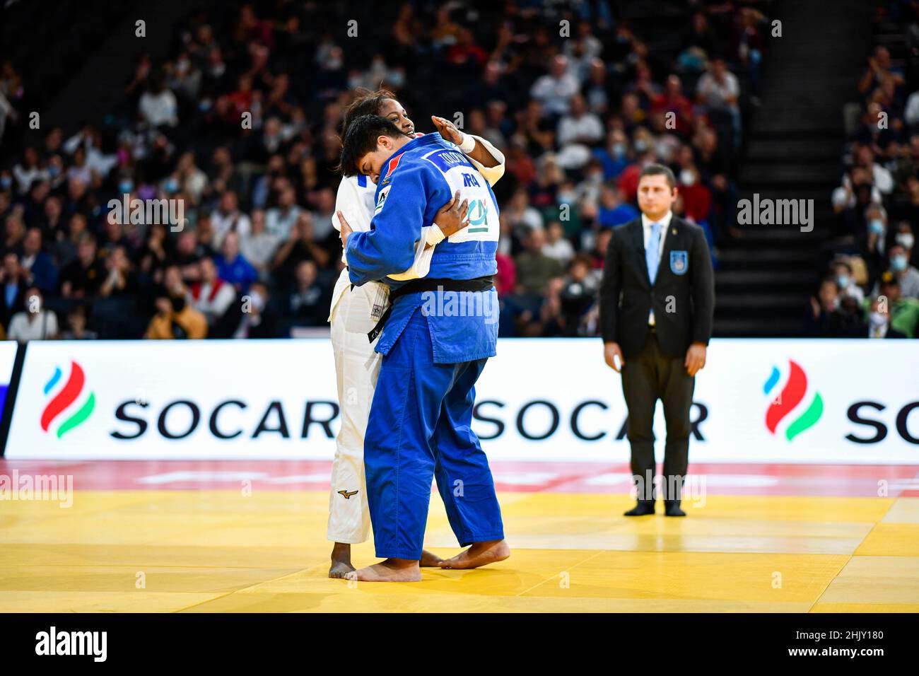 Women +78kg, Anne Fatoumata MBairo (or M'Bairo) of France (white) hugs Julia Tolofua of France (blue) bronze medal during the Paris Grand Slam 2021, J Stock Photo