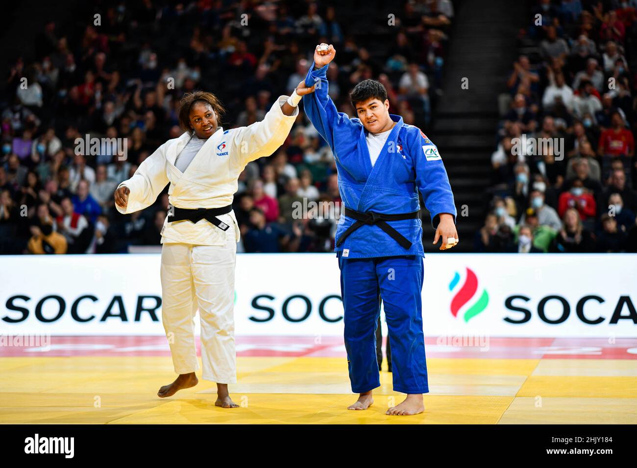 Women +78kg, Anne Fatoumata MBairo (or M'Bairo) of France (white) and Julia Tolofua of France (blue) bronze medal during the Paris Grand Slam 2021, Ju Stock Photo