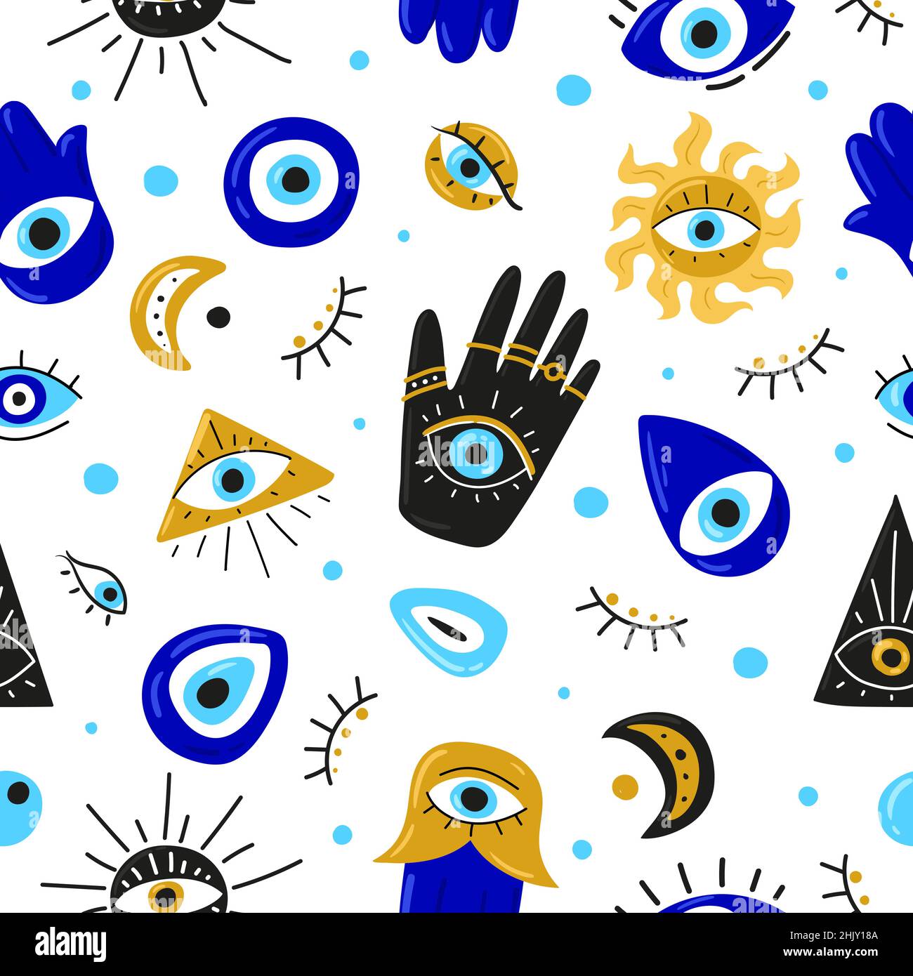 Seamless pattern with Cartoon Evil eyes. Blue Evil eye, Hamsa, Hand of Fatima, Eye of Providence. Vector illustrations of amulets for print, fabric, wallpaper, clothing, wrapping paper Stock Vector