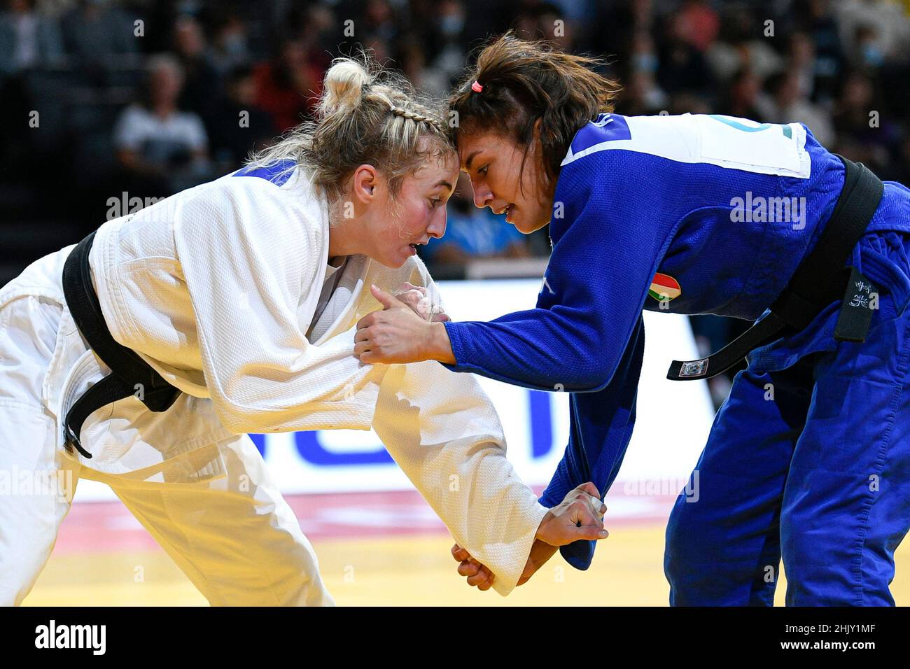 Women -48 kg, Irina DOLGOVA of Russia (white) and Assunta SCUTTO (blue) of Italy compete during the Paris Grand Slam 2021, Judo event on October 16, 2 Stock Photo