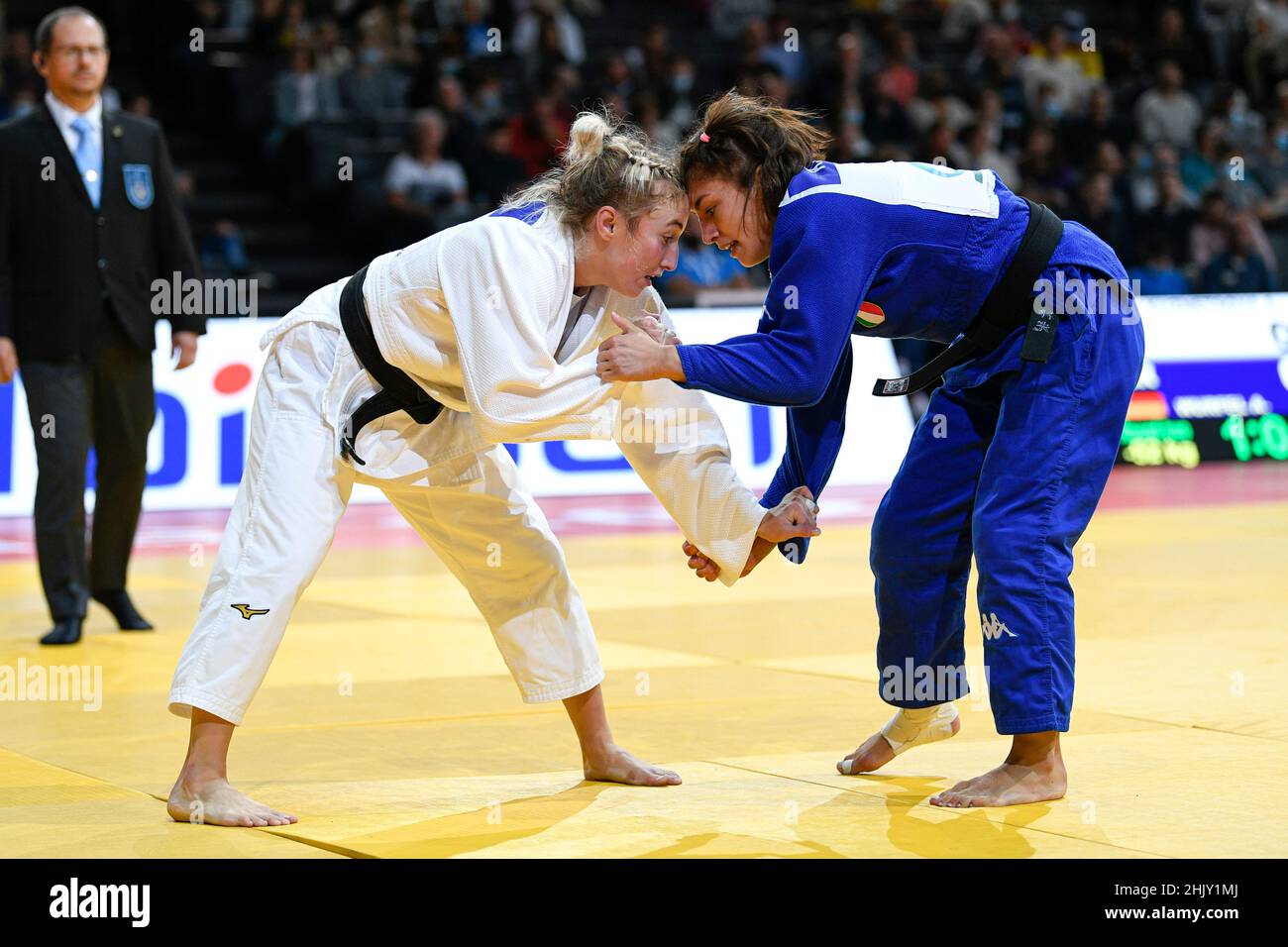 Women -48 kg, Irina DOLGOVA of Russia (white) and Assunta SCUTTO (blue) of Italy compete during the Paris Grand Slam 2021, Judo event on October 16, 2 Stock Photo