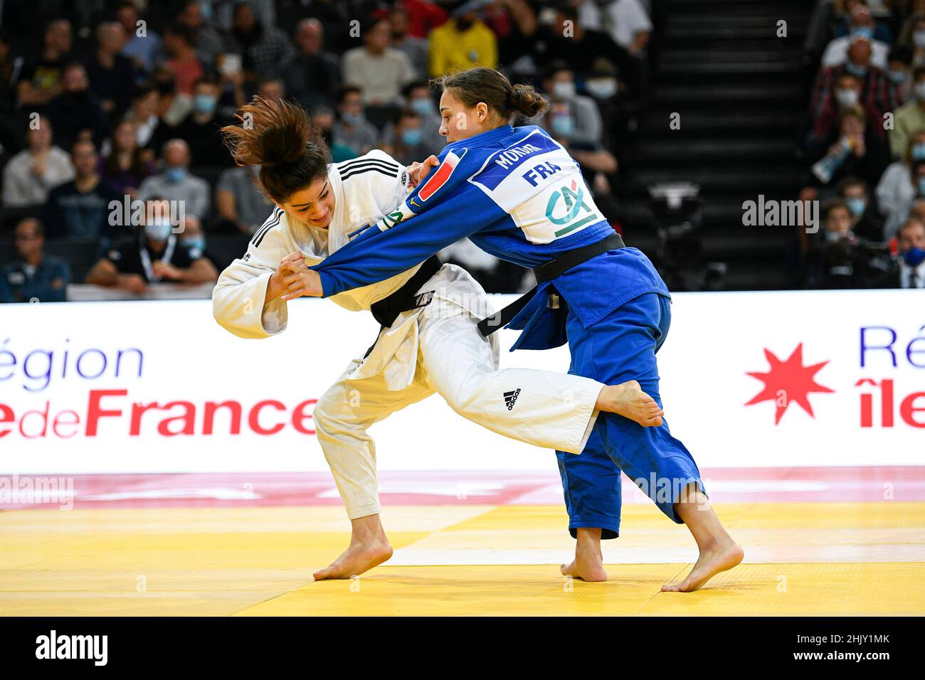 Women -57 kg, Kerem PRIMO (white) of Israel and Faiza MOKDAR of France compete during the Paris Grand Slam 2021, Judo event on October 16, 2021 at Acc Stock Photo