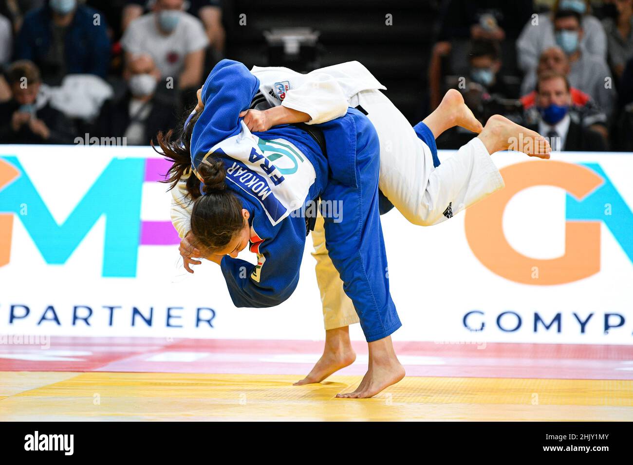 Women -57 kg, Faiza MOKDAR of France competes and tries an uchi mata during the Paris Grand Slam 2021, Judo event on October 16, 2021 at AccorHotels A Stock Photo
