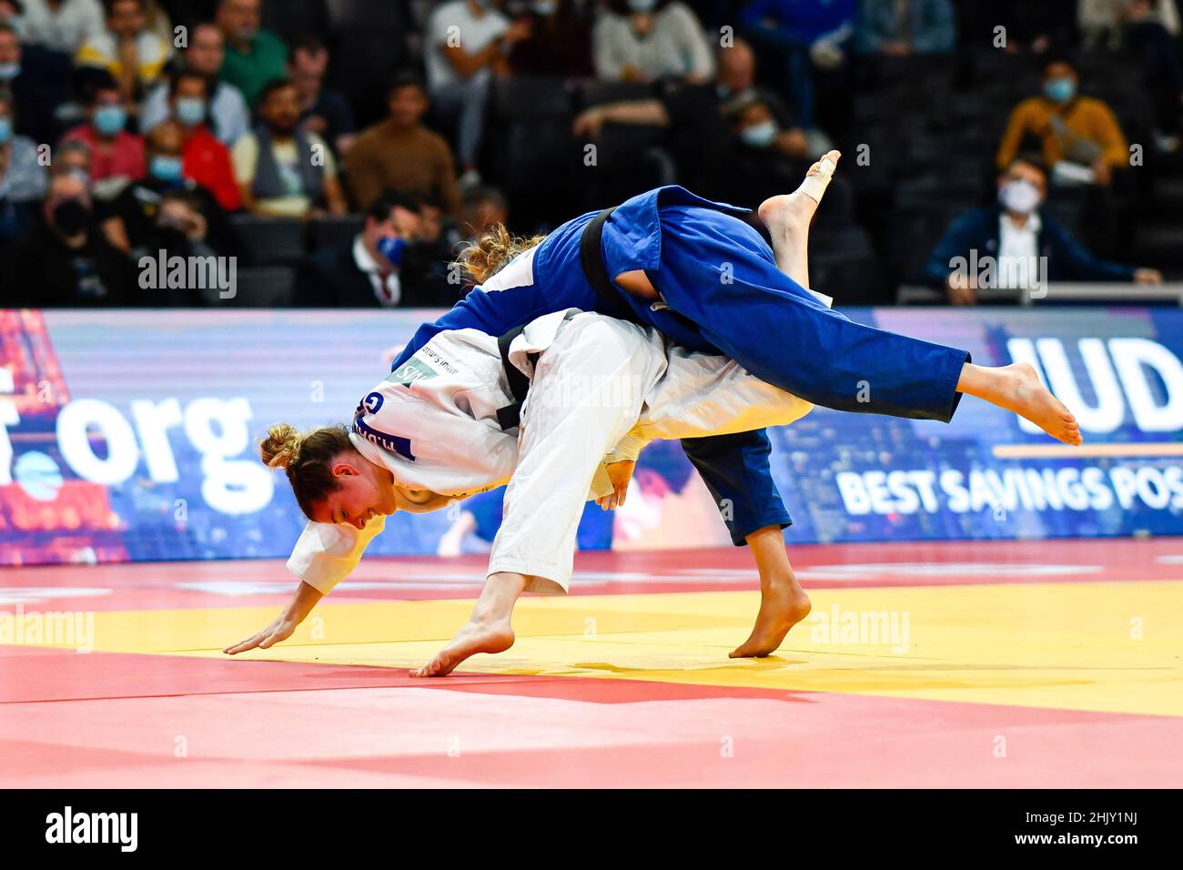 Women -52 kg, Mascha BALLHAUS (white) of Germany competes and tries uchi mata during the Paris Grand Slam 2021, Judo event on October 16, 2021 at Acco Stock Photo