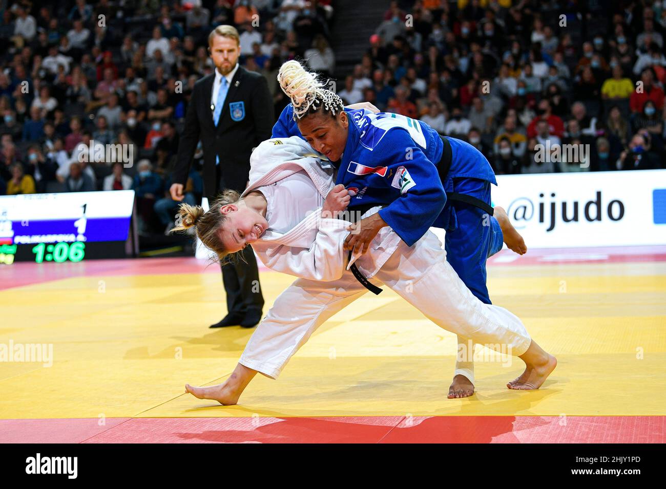 Women -57 kg, Caroline FRITZE (white) of Germany Silver medal and Martha FAWAZ (blue) of France compete during the Paris Grand Slam 2021, Judo event o Stock Photo
