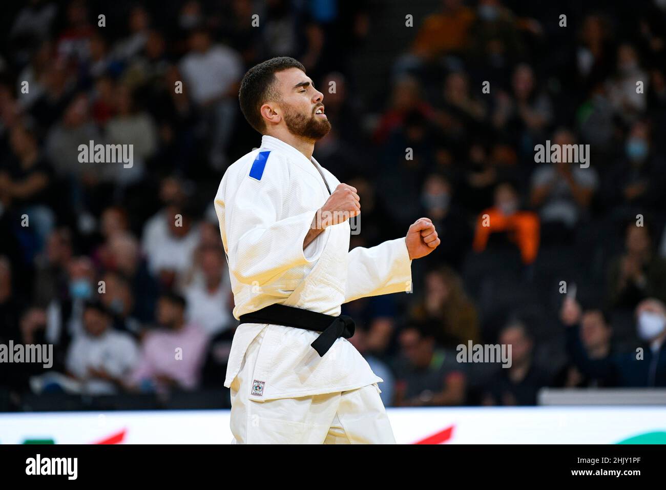 Men -66 kg, Orlando CAZORLA of France Bronze medal celebrates during the Paris Grand Slam 2021, Judo event on October 16, 2021 at AccorHotels Arena in Stock Photo