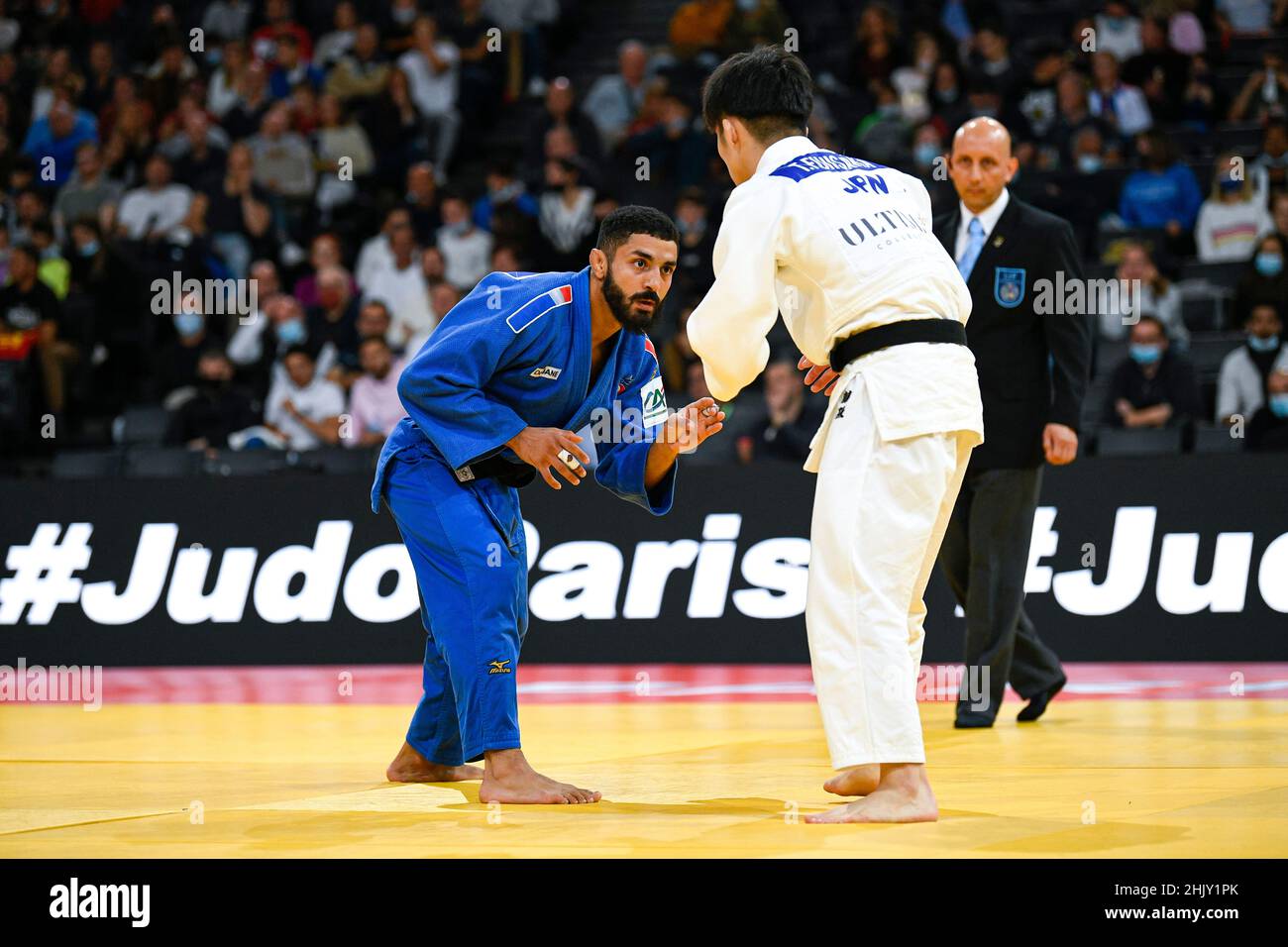 Men -66 kg, Walide KHYAR (blue) of France Bronze medal competes during the Paris Grand Slam 2021, Judo event on October 16, 2021 at AccorHotels Arena Stock Photo