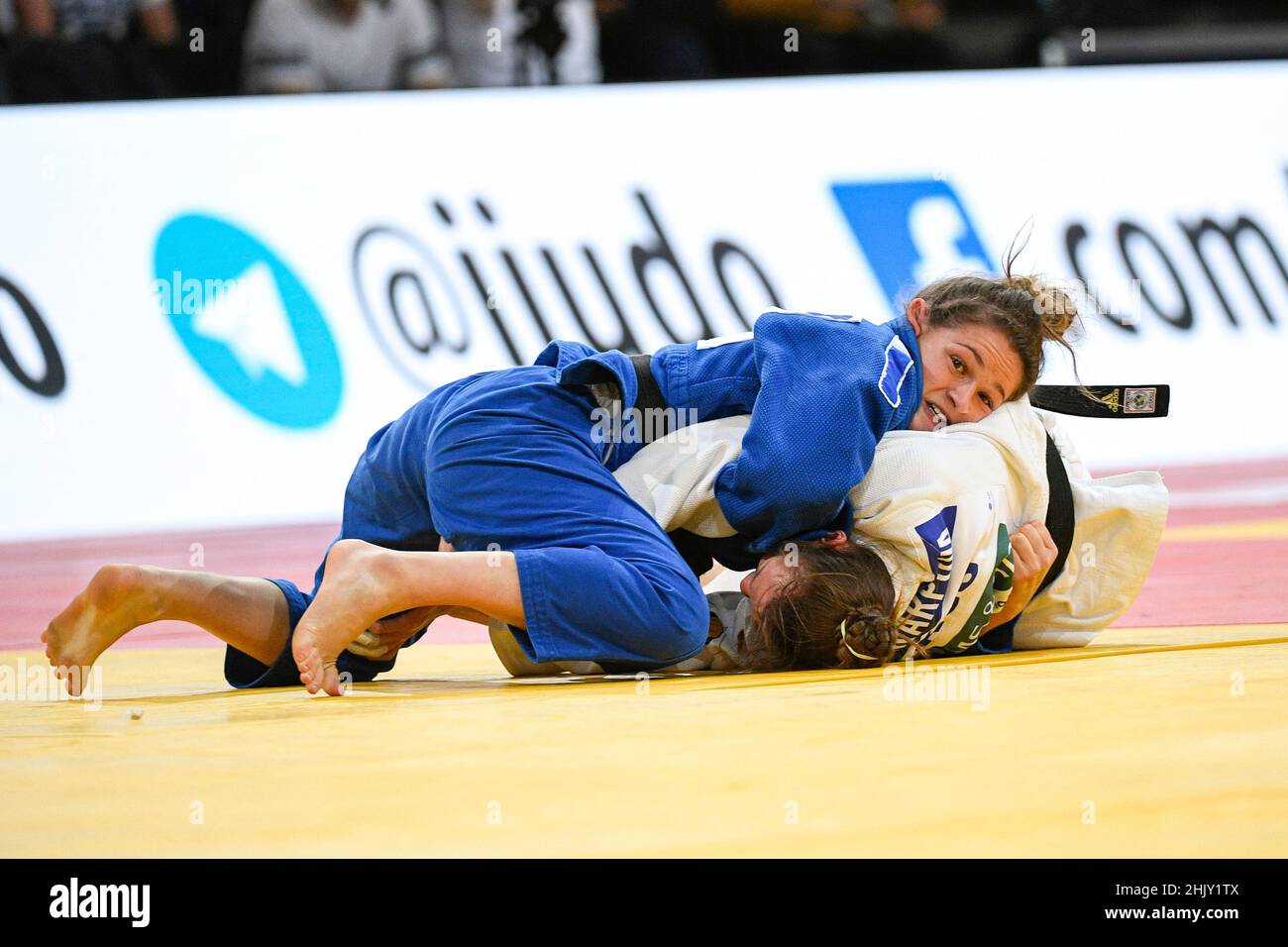 Women -52 kg, Chloe DEVICTOR of France competes and wins by ippon (osaekomi) during the Paris Grand Slam 2021, Judo event on October 16, 2021 at Accor Stock Photo