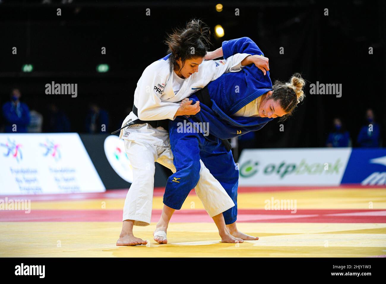 Women -52 kg, Mascha BALLHAUS (blue) of Germany and Gefen PRIMO (white) of Israel compete during the Paris Grand Slam 2021, Judo event on October 16, Stock Photo