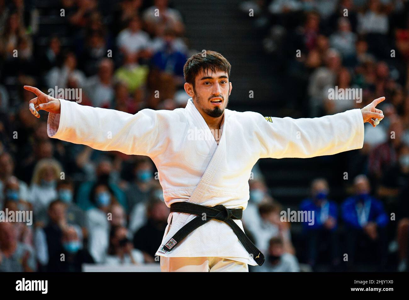 Men -60 kg, Balabay AGHAYEV of Azerbaijan Gold medal celebrates during the Paris Grand Slam 2021, Judo event on October 16, 2021 at AccorHotels Arena Stock Photo